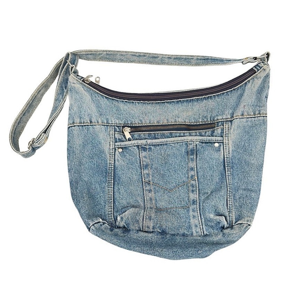 Denim Shoulder Bag Retro Y2K Blue Jean Pockets Casual Medium Boho Streetwear